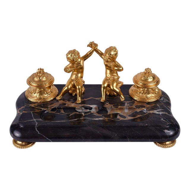 19th Century Dore Bronze Cherub Marble Inkwell For Sale