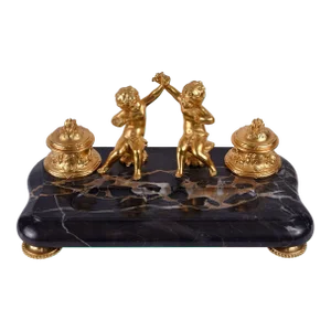 19th Century Dore Bronze Cherub Marble Inkwell