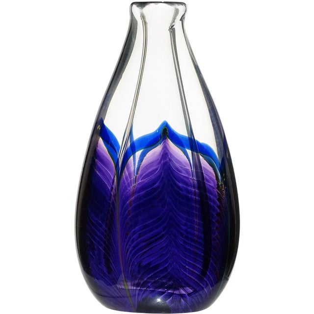 Blue Zellique Studio Joseph Morel 1987 Signed Purple Blue Peacock Feather Vintage Art Glass Vanity Flower Vase For Sale - Image 8 of 8
