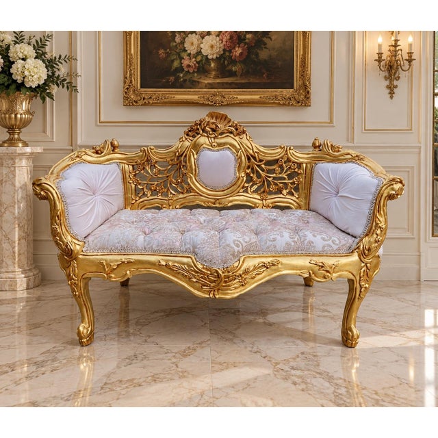 Late20C French Louis XVI Gold Pink Damask Settee For Sale - Image 11 of 11