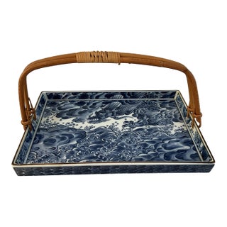 1970s Japanese Blue Dragon Handled Tray For Sale