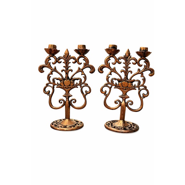 A Pair Vintage Spanish Revival Baroque Rococo Revival C. 1960's Copper and Cast Metal Candlesticks With Antiqued Copper Finish, European Revival Style For Sale - Image 9 of 9