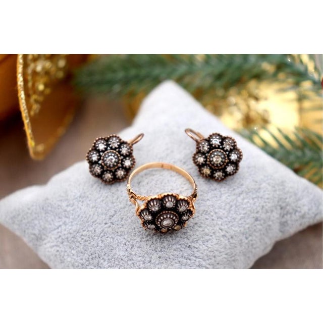 Gold Ring and Earring Set in 19.2k Gold with Diamond Setting, Set of 3 For Sale - Image 8 of 8
