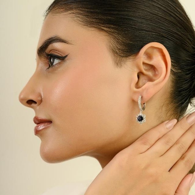 Art Nouveau 14k White Gold Diamond Cluster Flower Sapphire Drop Earrings for Her- 2 Pieces For Sale - Image 3 of 12