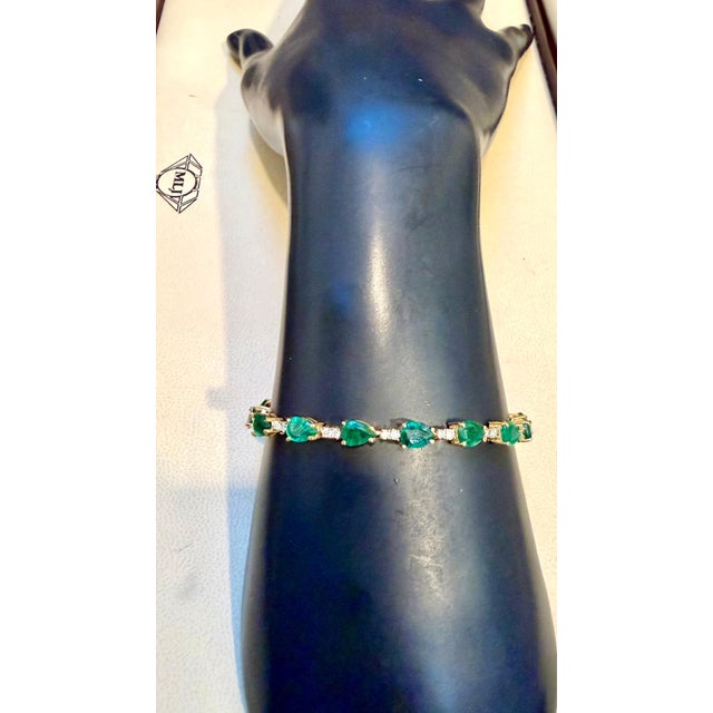 Green 12 Carat Natural Zambian Emerald & Diamond Tennis Bracelet 14 Karat Yellow Gold For Sale - Image 8 of 8