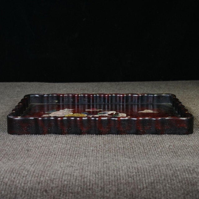 Wood Late 20th Century Scalloped Wooden Tray With Mother-of-Pearl Bird and Peony Inlay For Sale - Image 7 of 10
