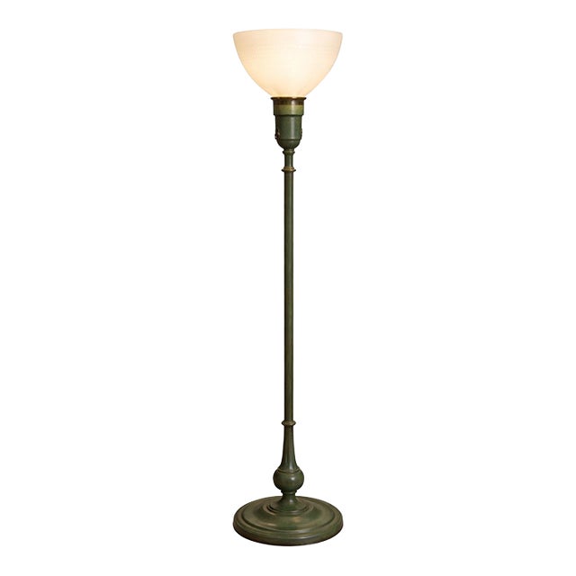 Vintage Rembrandt Lamps Verdigris Green Torchiere Floor Lamp With Original Textured Milk Glass Shade For Sale