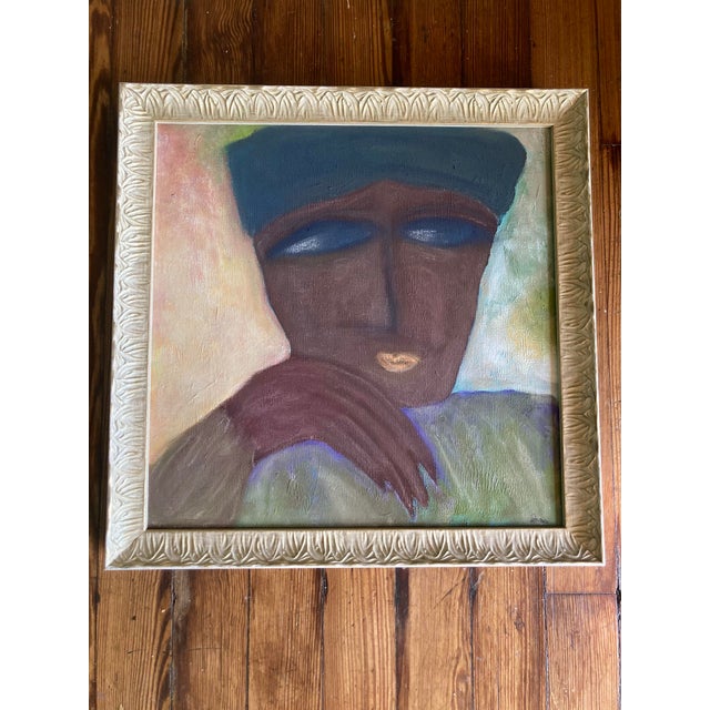 Lovely original acrylic painting of lady thinking. This is a mix of pastel and acrylic. Framed and signed.