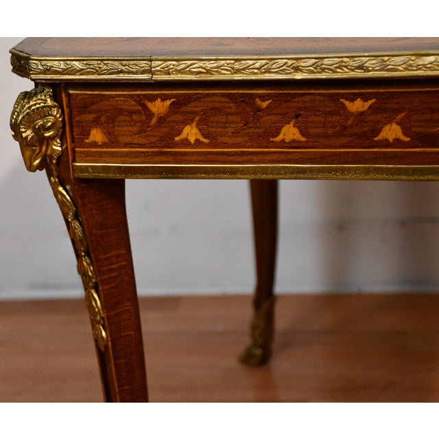 Wood c.1910 French Louis XV Walnut Coffee Table With Satinwood Inlay & Green Marble Top Bronze Mounts For Sale - Image 7 of 16