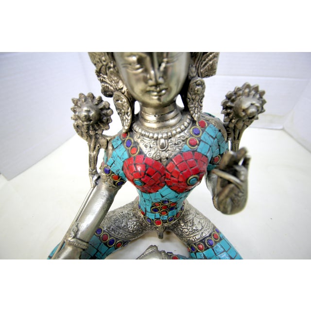 Mid-Century Tibetan-Style Inlaid Brass Green Tara Statue – 11" H For Sale - Image 11 of 18