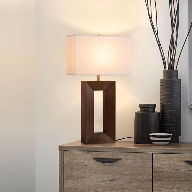 Mid-Century Modern Julie Standing Table Lamp - Dark Walnut Wood Finish, Weathered Brass, White Linen Shade For Sale - Image 3 of 12