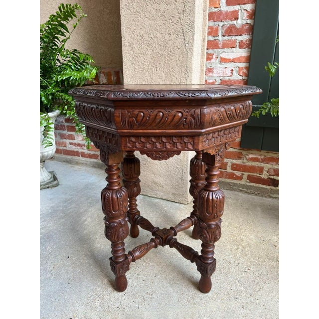 Petite Antique French Octagon Center Side Table Renaissance Carved Oak For Sale - Image 4 of 12