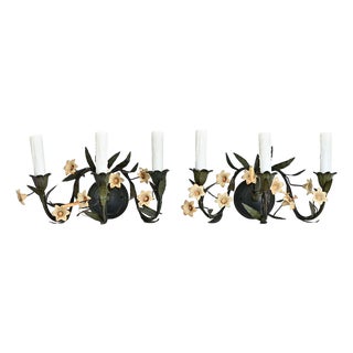 Vintage Italian Tole Floral Wall Sconces - a Pair For Sale