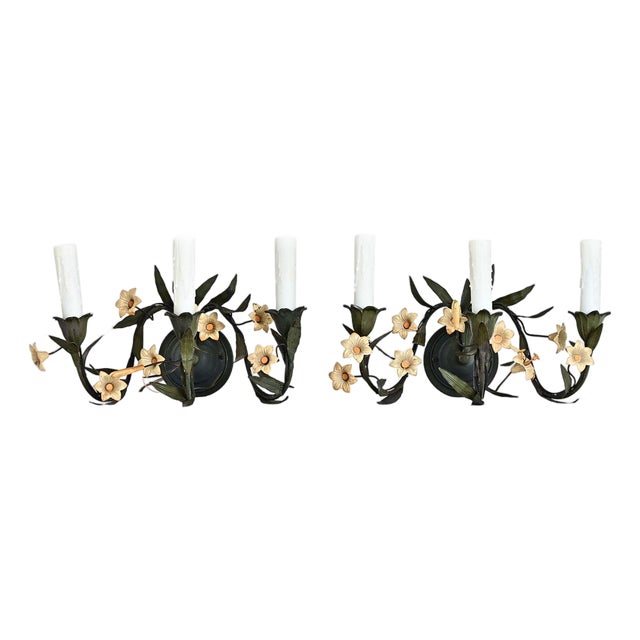 Vintage Italian Tole Floral Wall Sconces - a Pair For Sale