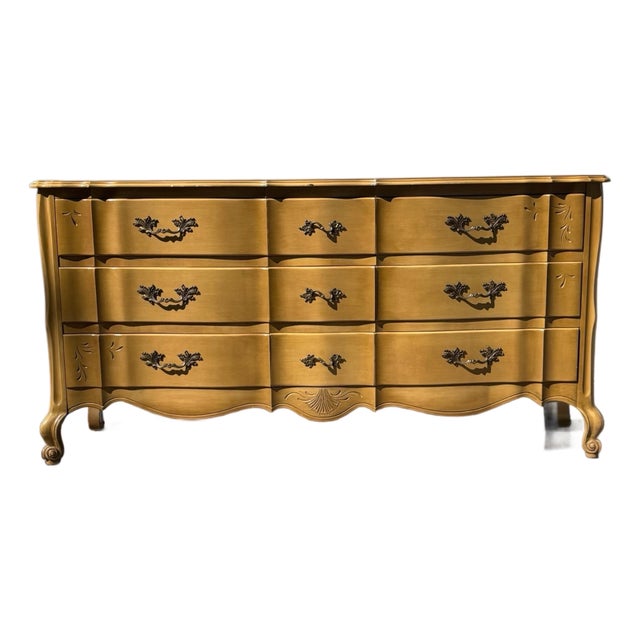 Vintage French Provincial Triple Dresser, Serpentine Front Chest With Carved Apron & Scroll Feet For Sale