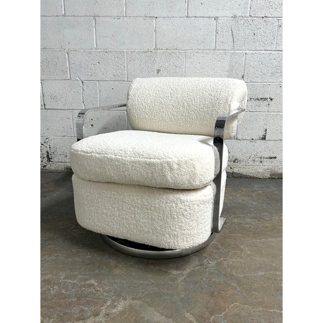 Metal 1960s Pair of Exceptional Mid Century Modern Chrome Milo Baughman for Thayer Coggin Swivel Lounge Chairs Newly Upholstered in Shearling Boucle For Sale - Image 7 of 12