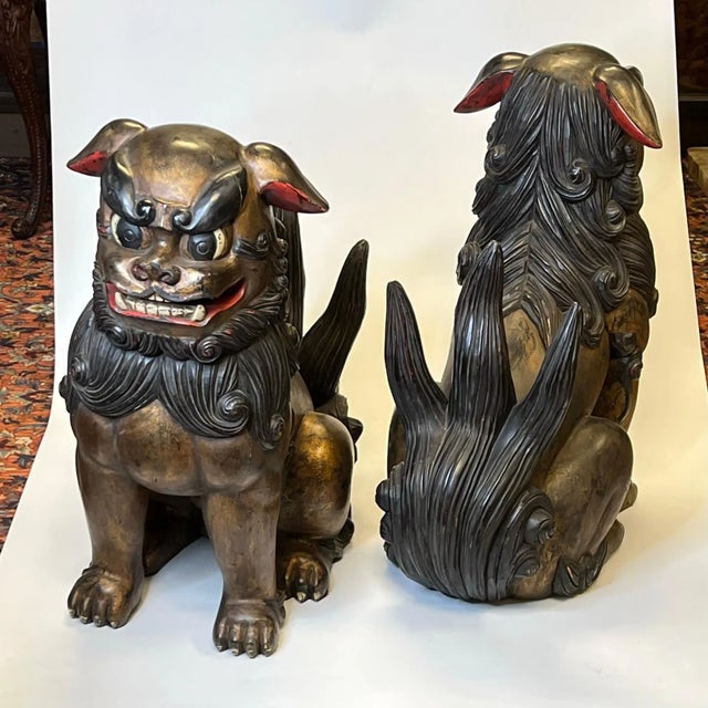 Very Large Chinese or Japanese Carved Wooden Fu Lions - A Pair For Sale - Image 10 of 12