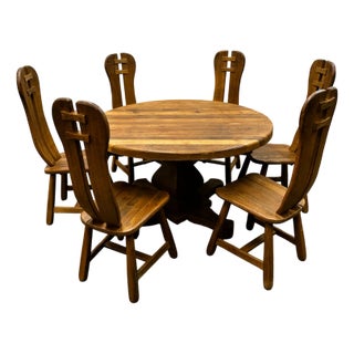 Belgian Brutalist Oak Dining Table and Chairs, 1970s, Set of 7 For Sale
