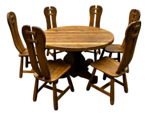 Belgian Brutalist Oak Dining Table and Chairs, 1970s, Set of 7