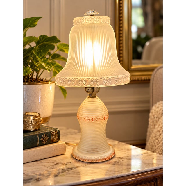 A striking vintage frosted glass table lamp with a distinctly Art Deco-inspired geometric design and unusually substantial...