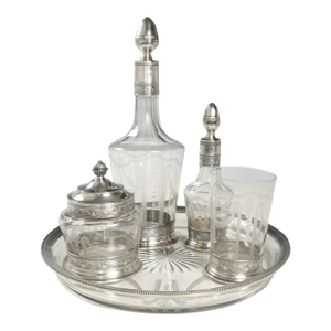 Antique French Sterling Silver & Glass Liquor Service, Empire Swans Motifs, Decanter Set, Tray & Tumbler Cup- 5 Pieces