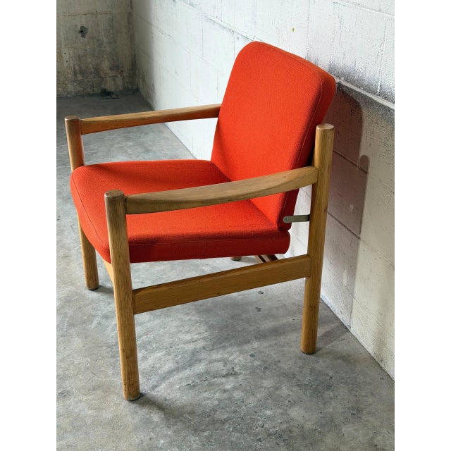Vintage Danish Oak Lounge Chair by Skive Møbelfabrik Mid-Century Modern Red Upholstery For Sale - Image 4 of 13