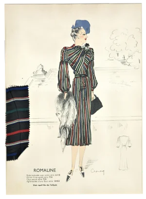 1930's Matted Large Hand-Colored Fashion Design With Swatches, Matted
