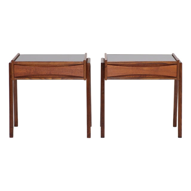 Vintage Danish Bedside Tables in Teak and Black Glass by Arne Vodder for Ølholm Møbelfabrik, 1960s, Set of 2 For Sale