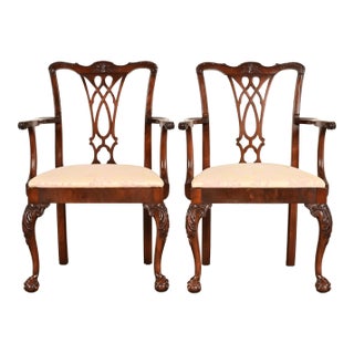 Baker Furniture Style Chippendale Carved Mahogany Armchairs, Pair For Sale