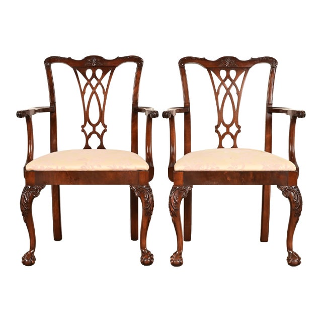 Baker Furniture Style Chippendale Carved Mahogany Armchairs, Pair For Sale