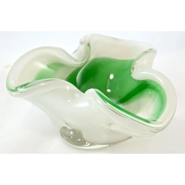 Large Murano - style blown art glass three lobe bowl in bright white with grass green swirls encased in thick sparkling...
