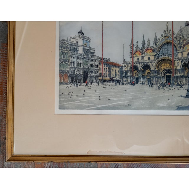 Paper 20th Century Colored Aquatint Etching of St. Mark's Square Venice, Signed For Sale - Image 7 of 14