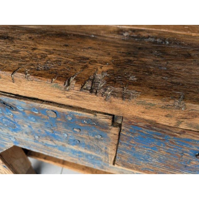 Late 19th Century Antique 19th-Century Primitive Blue-Painted Carpenter's Workbench / Console Table For Sale - Image 5 of 13