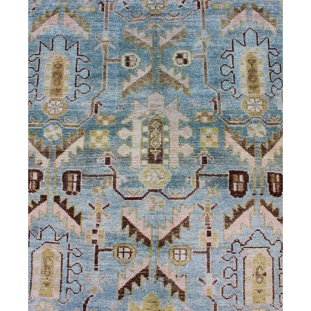 Blue Antique Geometric Design Persian Malayer Rug in Light Blue, Pink, and Green For Sale - Image 8 of 13
