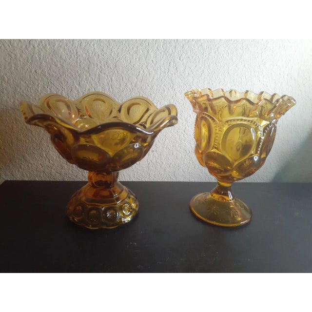 1950s 1950s Le Smith Amber Moon & Star Ruffled Edge Pedestal Compotes- Set of 2 For Sale - Image 5 of 6