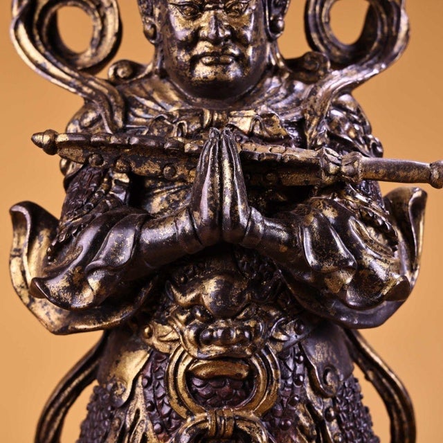 Vintage Gilt Copper Wei Tuo Guardian Deity Sculpture, Buddhist Temple Standing Statue For Sale In Los Angeles - Image 6 of 9