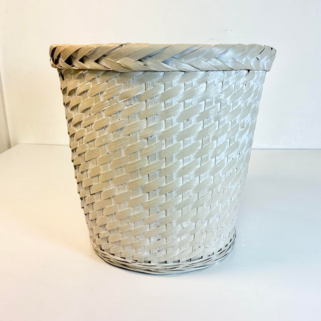 Boho Chic Mid-Century Boho Chic Coastal White Washed Almond Painted Wicker Wastebasket. For Sale - Image 3 of 11