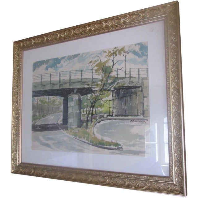Mid-Century Water Color of East Coast Bridge For Sale In San Diego - Image 6 of 6