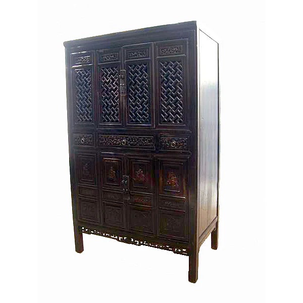 Asian Dark Reddish Brown Lattice and Carved Cabinet For Sale - Image 3 of 7