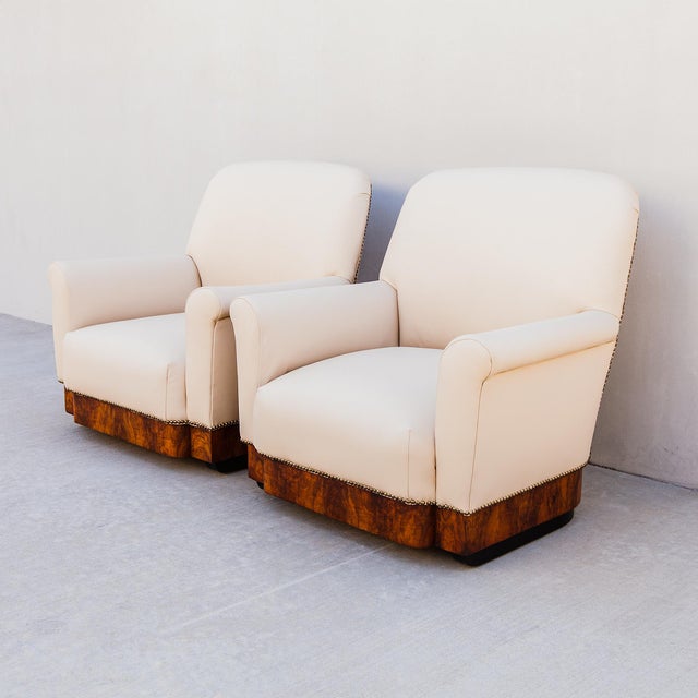 Vintage Italian Art Deco Club Chairs in Walnut Burl and Edelman Leather For Sale - Image 10 of 12