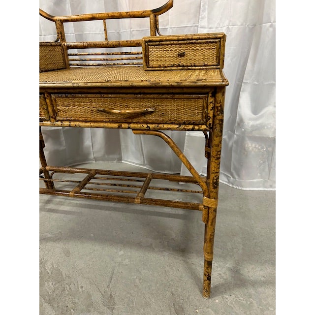 Brown Vintage Burnt Bamboo Rattan Pagoda Desk With Chair For Sale - Image 8 of 14