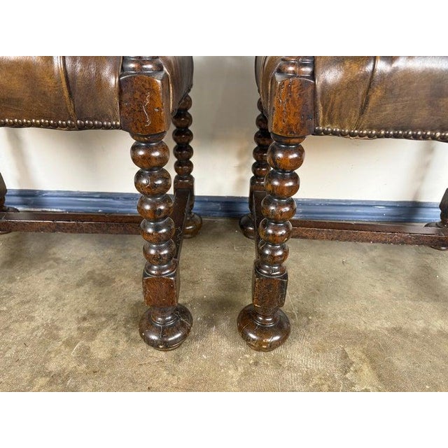 Pair of English Jacobean-Style Leather and Turned-Oak Benches For Sale - Image 4 of 17