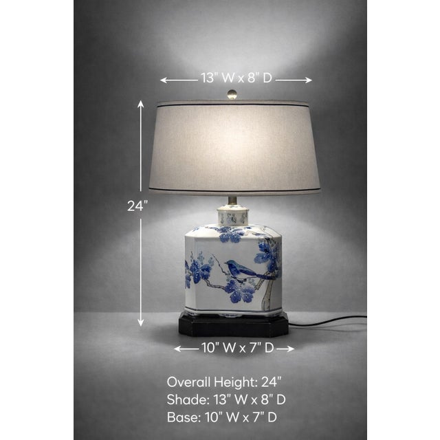 Chinoiserie Vintage Blue & White Chinoiserie Porcelain Table Lamp – Hand-Painted Bird Motif – Oval Shade Coastal Regency (Sku 270) For Sale - Image 3 of 7