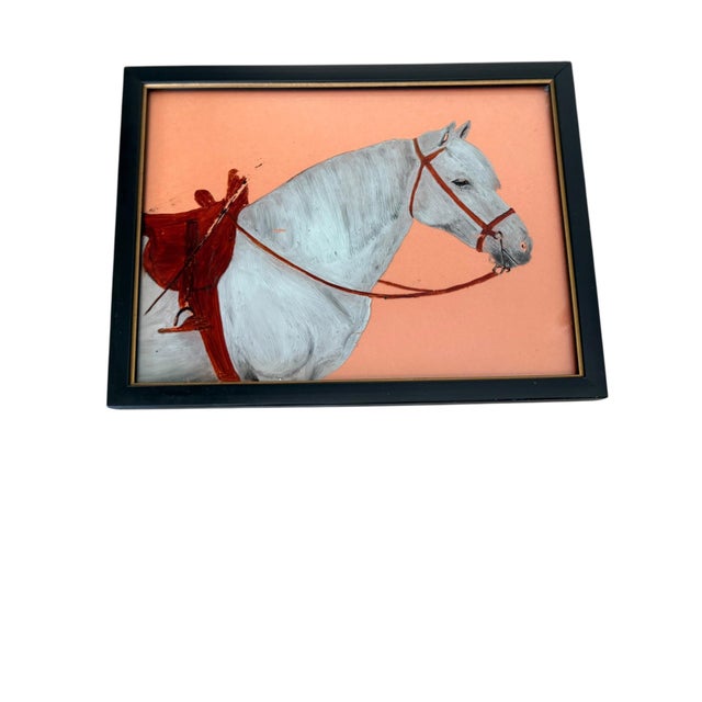Wood Mid-Century Diminutive Reverse Painted Glass Equestrian Portrait, Modernist Folk Art For Sale - Image 7 of 10