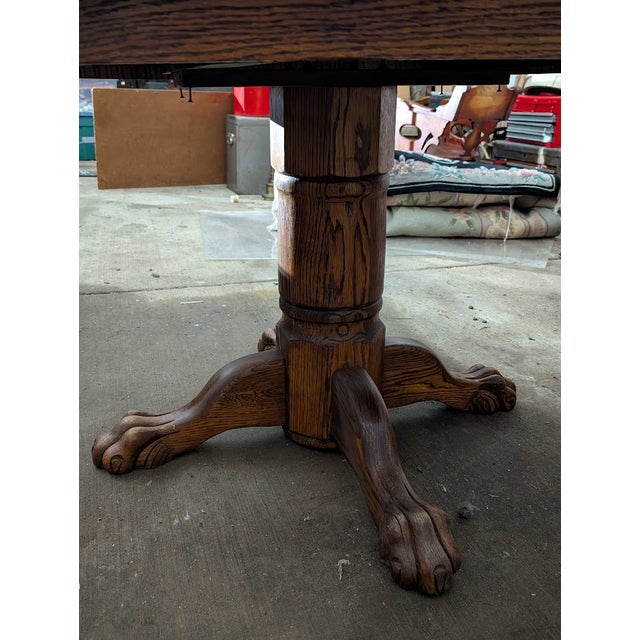 Brown Vintage Oak Round Pedestal Dining Table With Claw Feet For Sale - Image 8 of 10