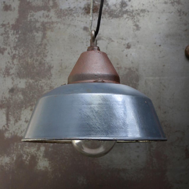 1950s Vintage Industrial Blue Enamel and Cast Iron Pendant Lamp For Sale - Image 5 of 8
