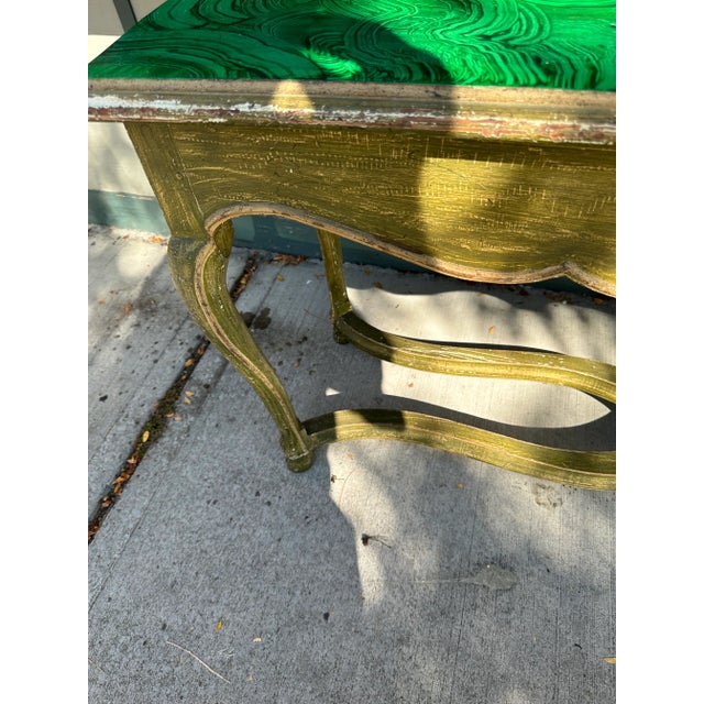 1950s Faux Malachite Topped Sofa or Hall Table With a Distressed Green Base and Legs French in Style For Sale In New York - Image 6 of 12