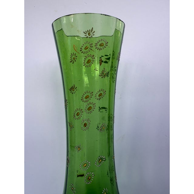 Mid 20th Century Vintage Bohemian Green Glass Hand-Enameled Floral Vase, 12” For Sale - Image 5 of 12