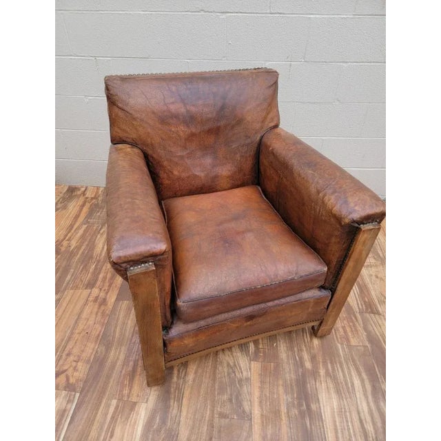 Vintage French Art Deco Distressed Brown Leather Club Chair For Sale - Image 9 of 10