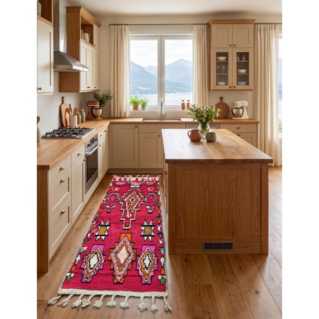 Modern Boujad Rug Runner | Handwoven Wool Runner in Crimson Red with Layered Diamond Motifs This vivid modern Boujad...